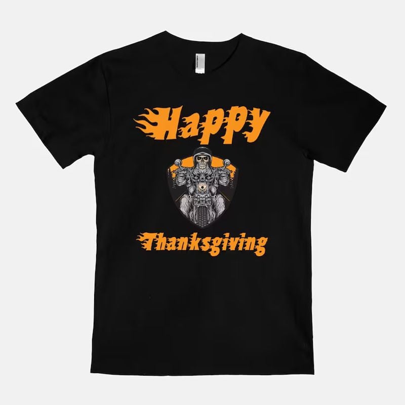 Bikergod Motorcycle Biker Happy Thanksgiving T-shirt, Crew-neck Sweatshirt, Hoodie, Tank Top, V-neck T-shirt Design 2D Full Printed Sizes S - 5XL - NABE239