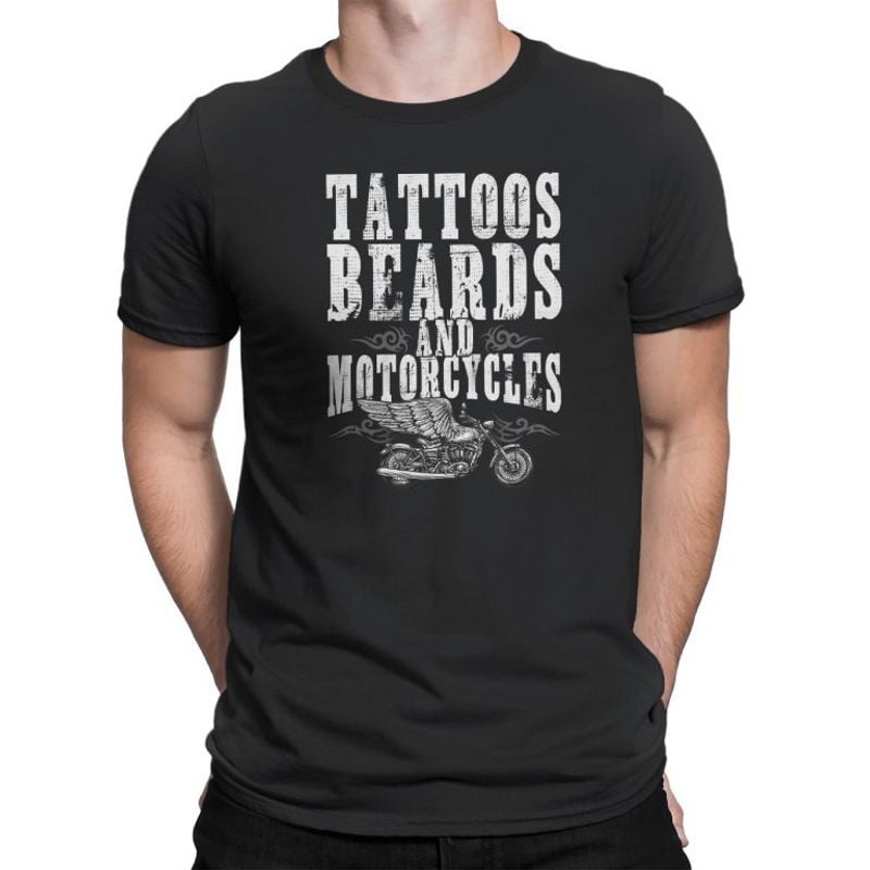 Bikergod Motorcycle Tattoos Beards And Motorcycles T-shirt, Crew-neck Sweatshirt, Hoodie, Tank Top, V-neck T-shirt Design 2D Full Printed Sizes S - 5XL - NABE220
