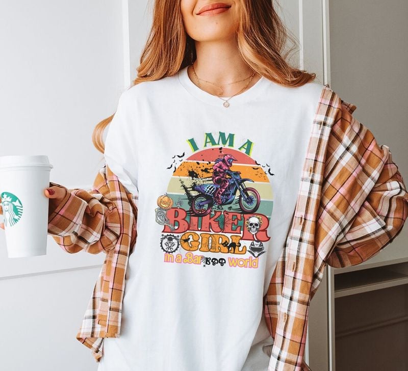 Bikergod Motorcycle I Am A Biker Girl Halloween T-shirt, Crew-neck Sweatshirt, Hoodie, Tank Top, V-neck T-shirt Design 2D Full Printed Sizes S - 5XL - NABK222