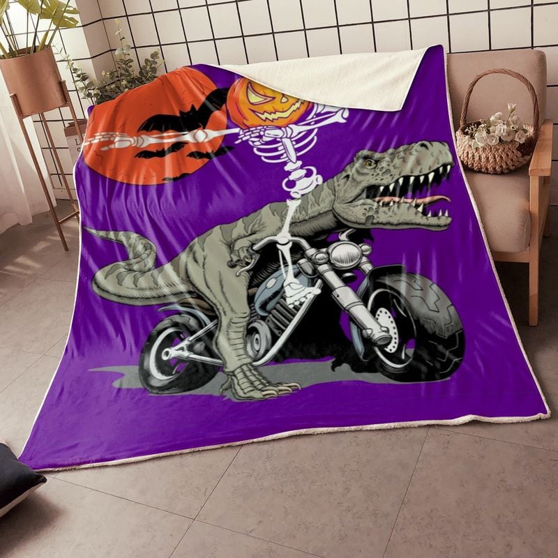 Bikergod Motorcycle Pumpkin Dinosaur Ride Motorcycle Halloween Blanket NABD387