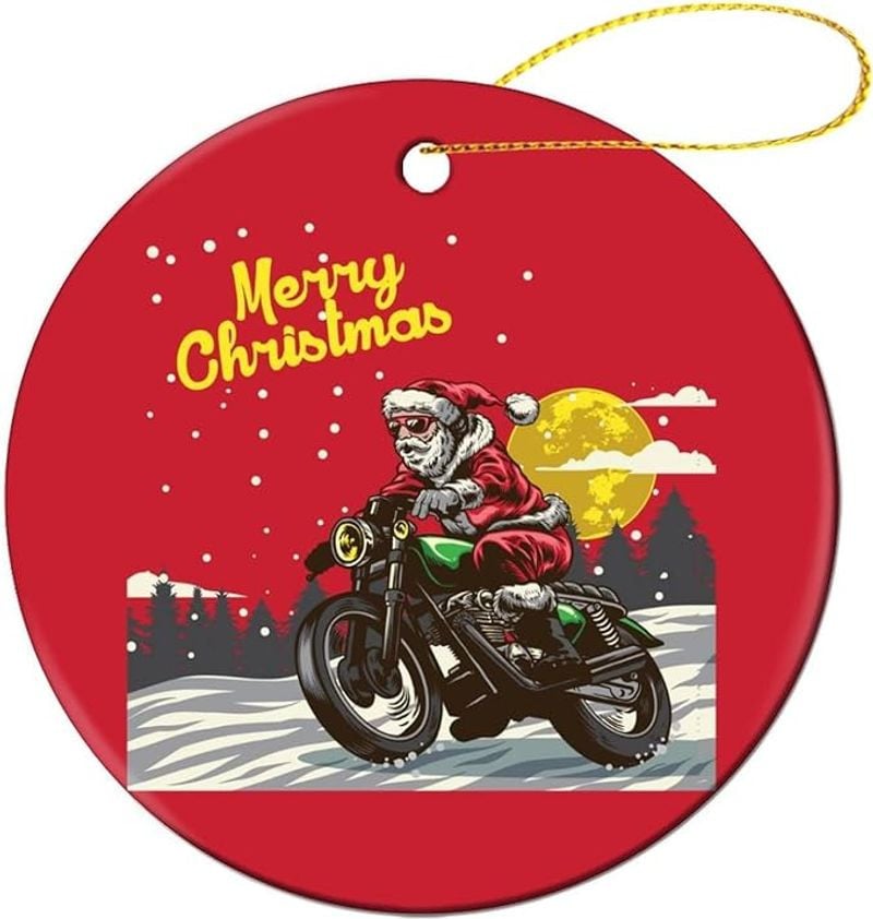 Bikergod Motorcycle Santa Claus Ride Motorcycle Merry Christmas Ceramic Round Ornament NABW322