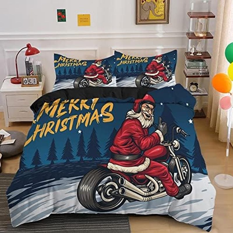 Bikergod Motorcycle Santa Claus Ride Motorcycle Merry Christmas Bedding Set Cover Design 3D - NABL327