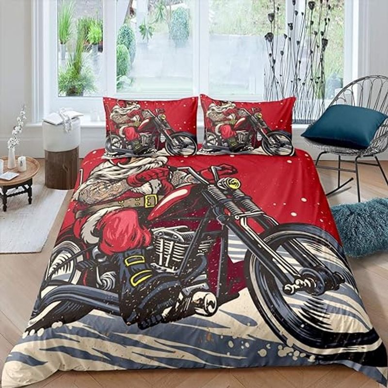 Bikergod Motorcycle Santa Claus Ride Motorcycle Christmas Bedding Set Cover Design 3D - NABL325