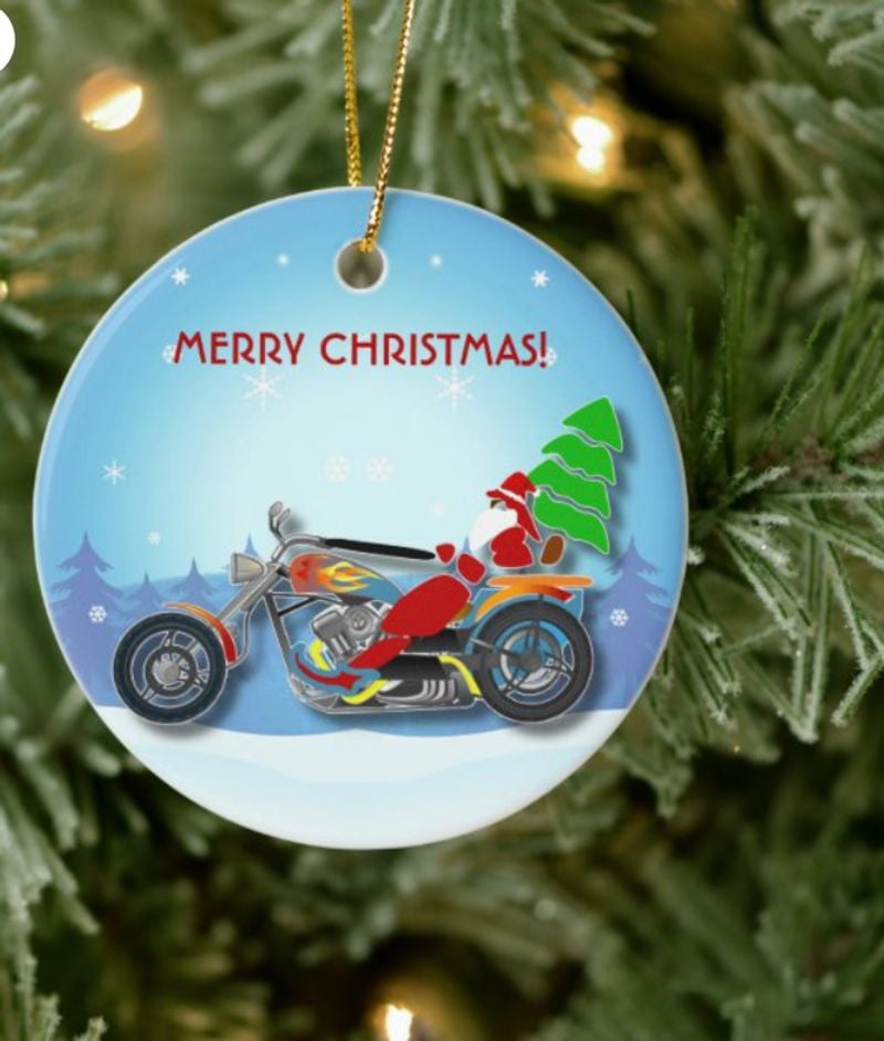 Bikergod Motorcycle Santa Riding Chopper Merry Christmas Ceramics Round Ornament NABW302
