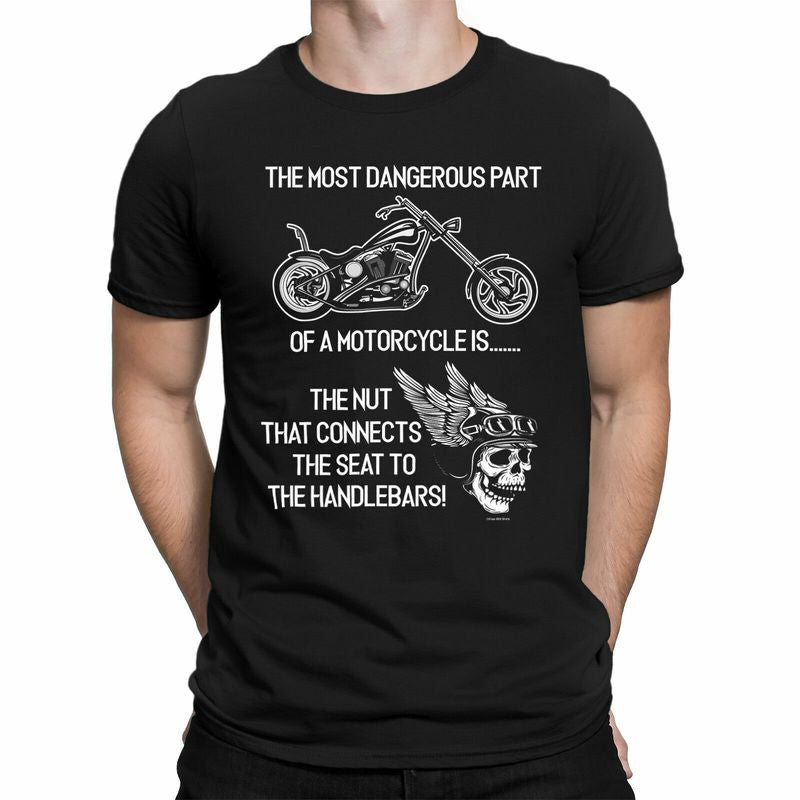 Bikergod Motorcycle Skull Biker The Most Dangerous Part T-shirt, Crew-neck Sweatshirt, Hoodie, Tank Top, V-neck T-shirt Design 2D Full Printed Sizes S - 5XL - NABE256