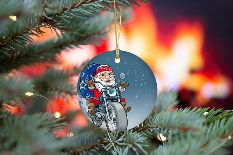 Bikergod Motorcycle Santa Claus Ride Motorcycle Merry Christmas Ceramic Round Ornament NABW330