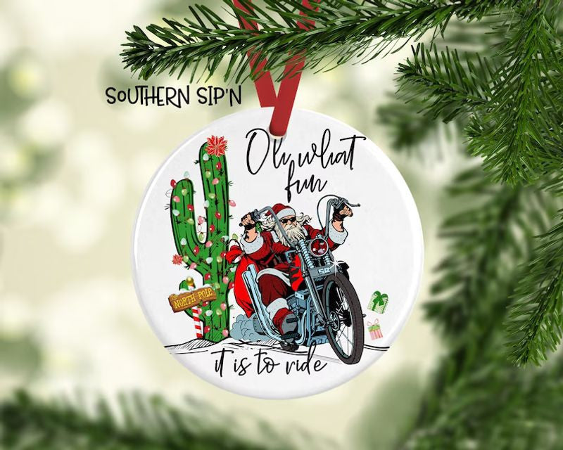 Bikergod Motorcycle Santa Claus Ride Motorcycle Oh What Fun It Is To Ride Christmas Ceramic Round Ornament NABE212