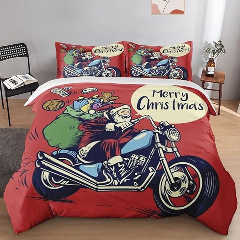 Bikergod Motorcycle Santa Claus Ride Motorcycle Merry Christmas Bedding Set Cover Design 3D - NABL324