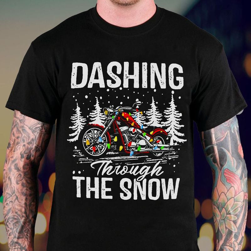 Bikergod Motorcycle Christmas Dashing through the snow T-shirt, Crew-neck Sweatshirt, Hoodie, Tank Top, V-neck T-shirt Design 2D Full Printed Sizes S - 5XL - NABQ304