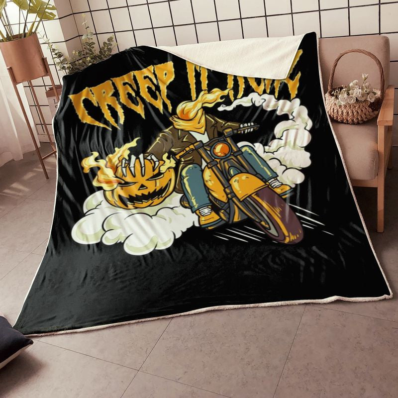 Bikergod Motorcycle Pumpkin Skeleton Ride Motorcycle Creep It Real Halloween Blanket NABD386