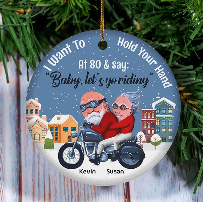 Bikergod Motorcycle Old Biker Couple Baby Let?s Go Riding Custom Names Ceramic Round Ornament NABE233