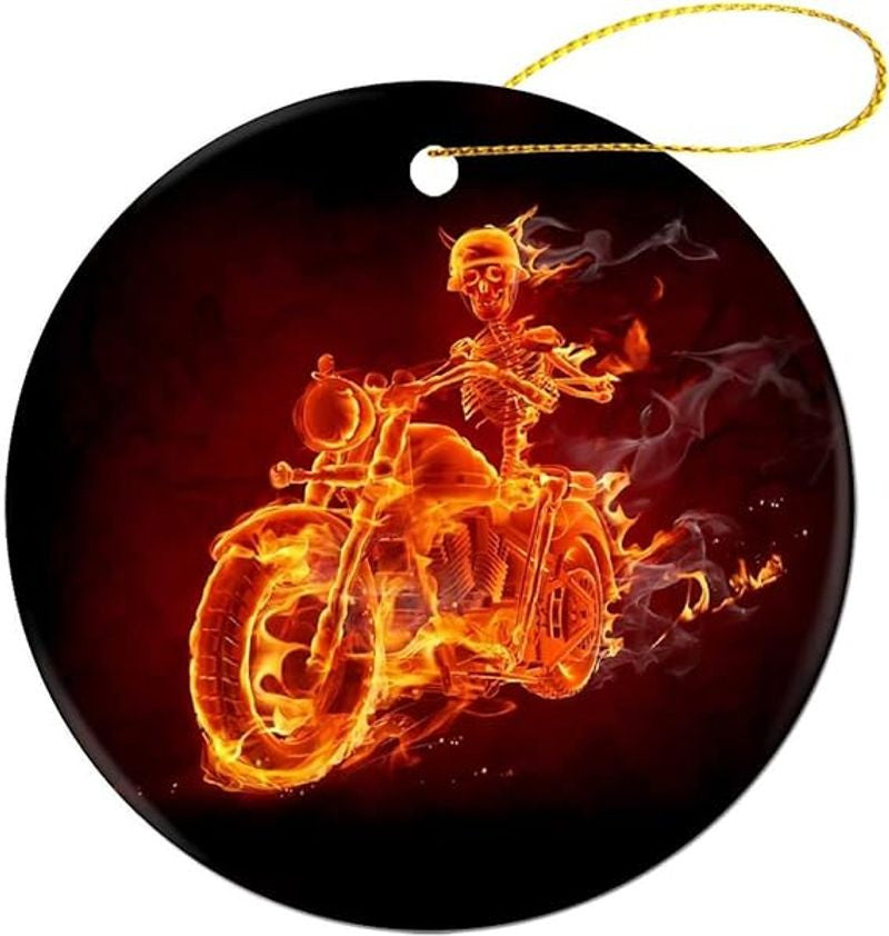 Bikergod Motorcycle Skeleton Riding Motorcycle Ceramic Round Ornament NABW321