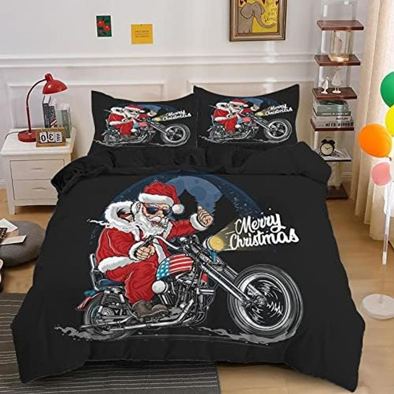 Bikergod Motorcycle Santa Claus Ride Motorcycle Merry Christmas Bedding Set Cover Design 3D - NABL326