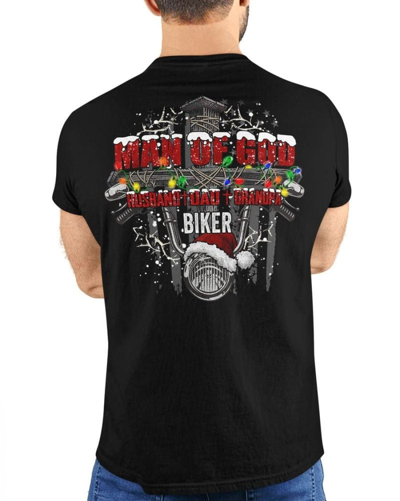 Bikergod Motorcycle Christmas man of God husband dad grandpa biker T-shirt, Crew-neck Sweatshirt, Hoodie, Tank Top, V-neck T-shirt Design 2D Full Printed Sizes S - 5XL - NABQ303