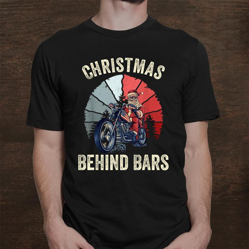 Bikergod Motorcycle Christmas Behind Bars T-shirt, Crew-neck Sweatshirt, Hoodie, Tank Top, V-neck T-shirt Design 2D Full Printed Sizes S - 5XL - NABR281