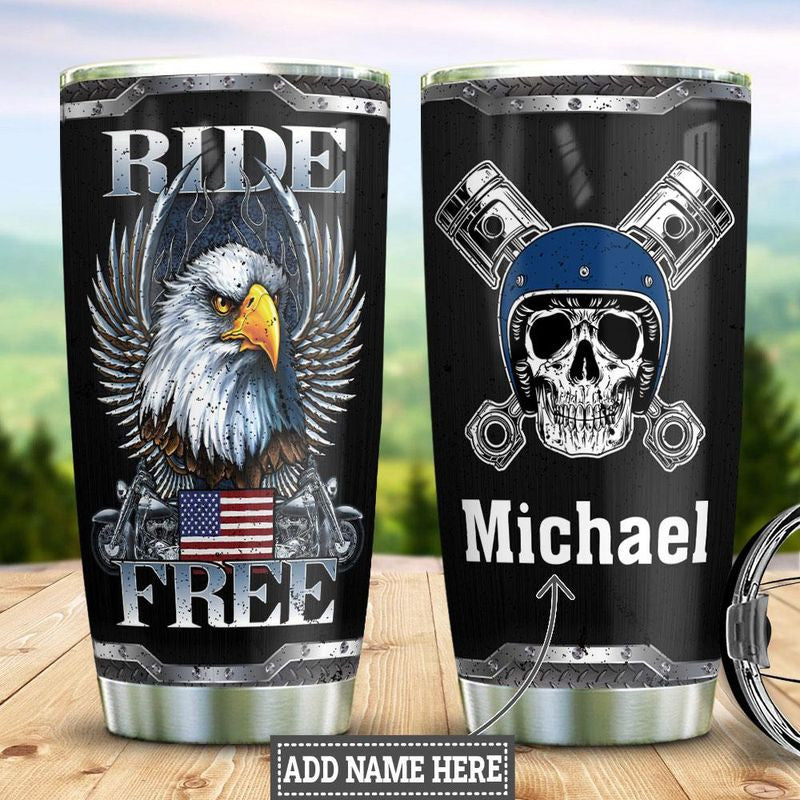 Bikergod Motorcycle Eagle US Flag Ride Free Custom Name Steelers Stainless Steel 20 Oz Tumbler- NABL314
