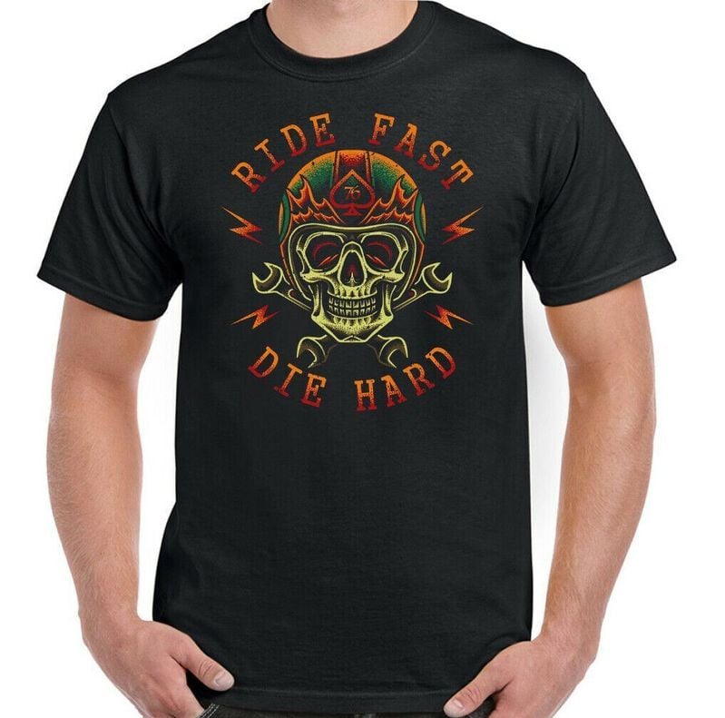 Bikergod Motorcycle Skull Biker Ride Fast Die Hard T-shirt, Crew-neck Sweatshirt, Hoodie, Tank Top, V-neck T-shirt Design 2D Full Printed Sizes S - 5XL - NALA101