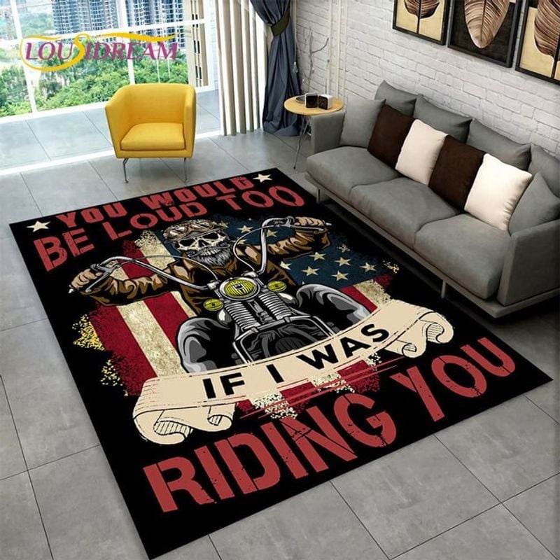 Bikergod Motorcycle Skull Biker USA Flag If I Was Riding You Rug Home Floor Decor NALA143
