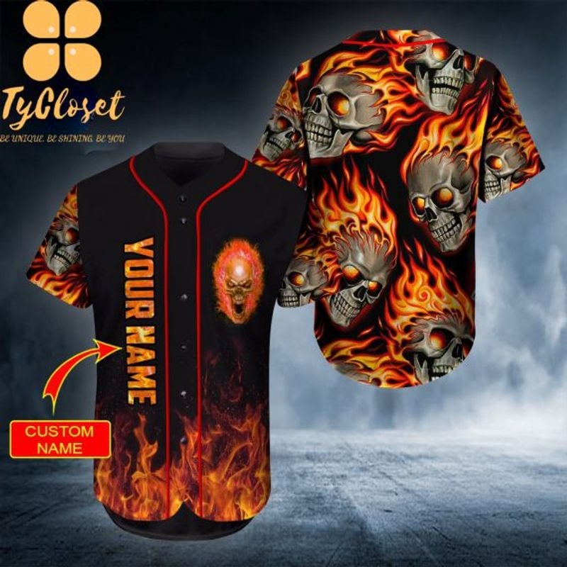 Bikergod Motorcycle Ghost Fire Skull Rider Custom Name Baseball Shirt Design 3D Full Printed High Quality - NAQA211