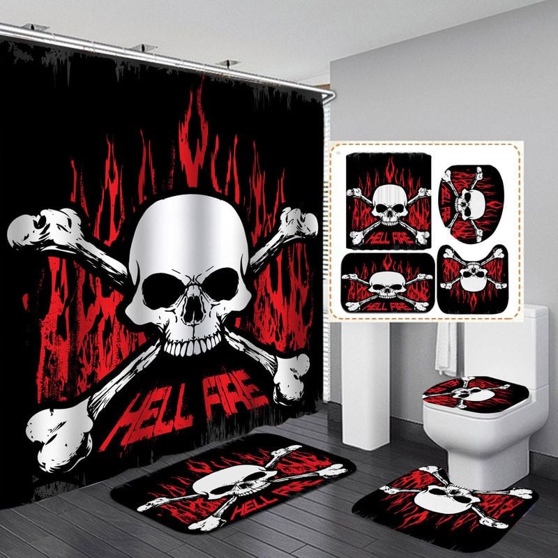 Bikergod Motorcycle Hell Fire Skull Biker Bathroom Decor Set NAQA222