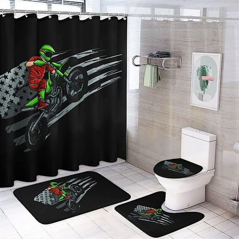 Bikergod Motorcycle Motocross Dirt Bike  American Flag Motocross Biker Bathroom Decor Set NAQA302