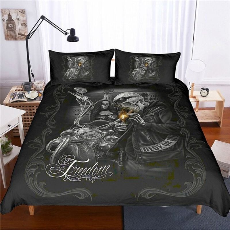 Bikergod Motorcycle Skull Biker Couple Freedom Bedding Set Cover Design 3D - NAOA348