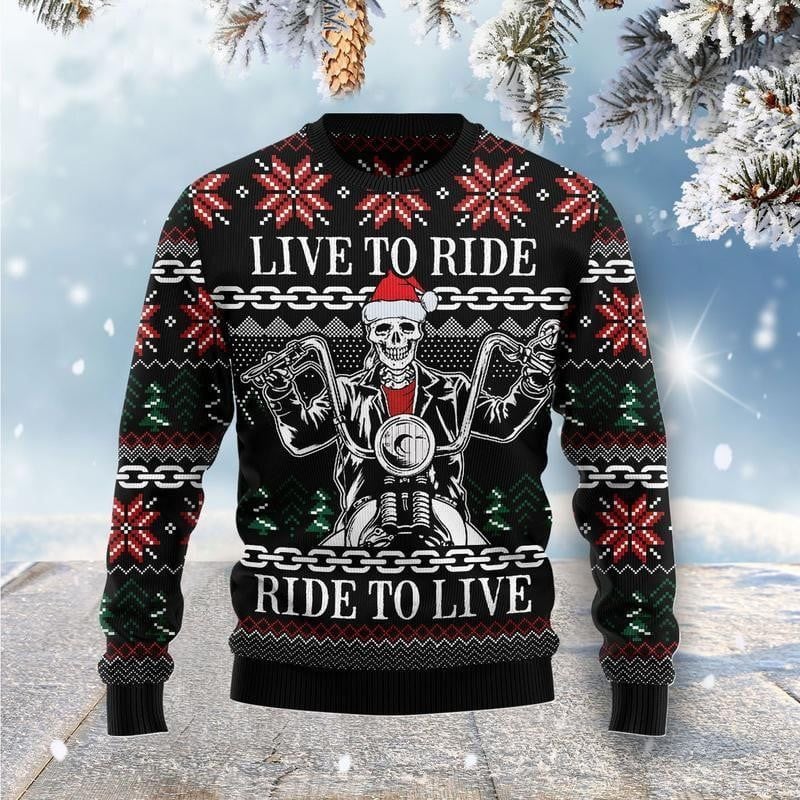 Bikergod Motorcycle Live To Ride Ride To Live Chirstmas Sweater Design 3D Full Printed Sizes S - 5XL - NMAR266