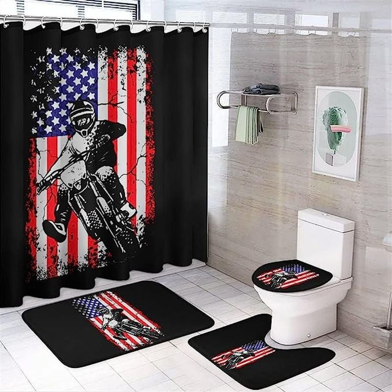 Bikergod Motorcycle Dirt Bike American Flag Motocross Biker Bathroom Decor Set NAQA301