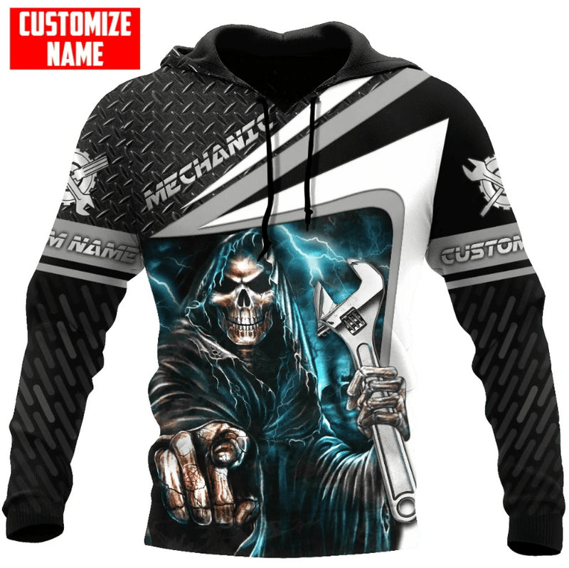 Bikergod Motorcycle Mechanic Skull Custom Name  Hoodie Design 3D Full Printed Sizes S - 5XL - NAQA250H