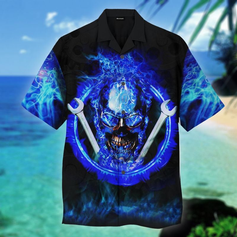 Bikergod Motorcycle BLUE FIRE SKULL MECHANIC COTTON Hawaii Shirt Design 3D Full Printed Sizes S - 5XL NAQA226