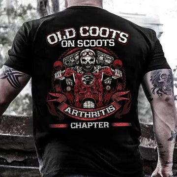 Bikergod Motorcycle old coots on scoots Arthritis chapter skull biker T-shirt, Crew-neck Sweatshirt, Hoodie, Tank Top, V-neck T-shirt Design 2D Full Printed Sizes S - 5XL - NAJA413
