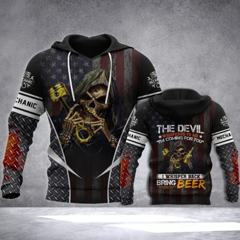 Bikergod Motorcycle Mechanic Skull The Devil Whispered To Me I Whisper Back Bring Beer  Hoodie Design 3D Full Printed Sizes S - 5XL - NAQA267