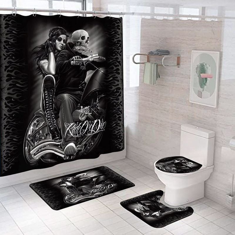 Bikergod Motorcycle Skull Biker Couple Ride Or Die Bathroom Decor Set NAQA220