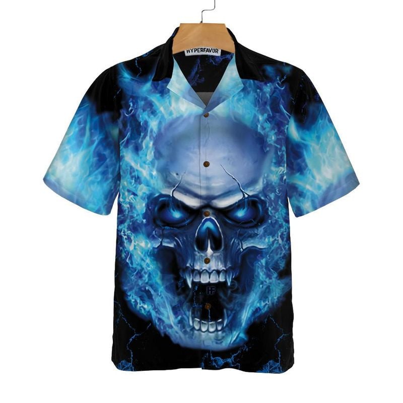 Bikergod Motorcycle Blue Fire Skull Biker COTTON Hawaii Shirt Design 3D Full Printed Sizes S - 5XL NAQA240
