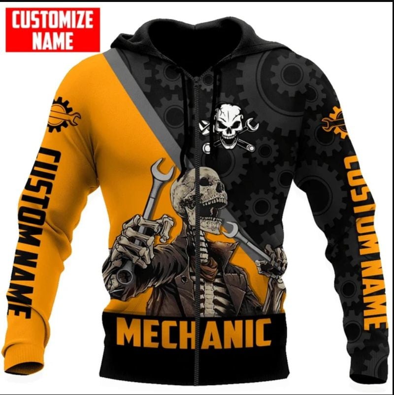 Bikergod Motorcycle Mechanic Skull Custom Name  Zip Hoodie Design 3D Full Printed Sizes S - 5XL - NAQA288