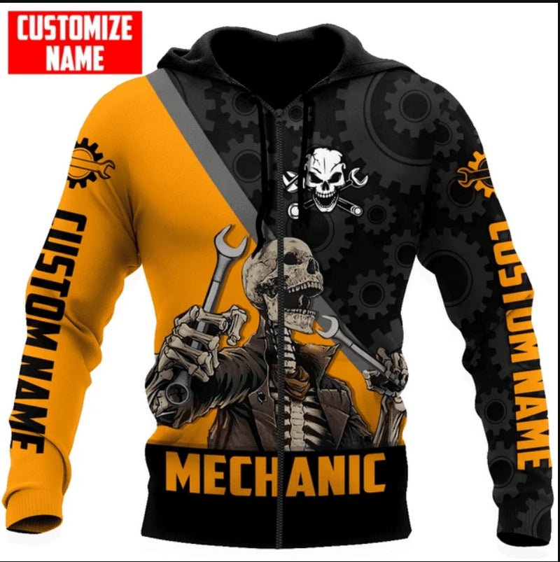 Bikergod Motorcycle Mechanic Skull Custom Name  Zip Hoodie Design 3D Full Printed Sizes S - 5XL - NAQA288
