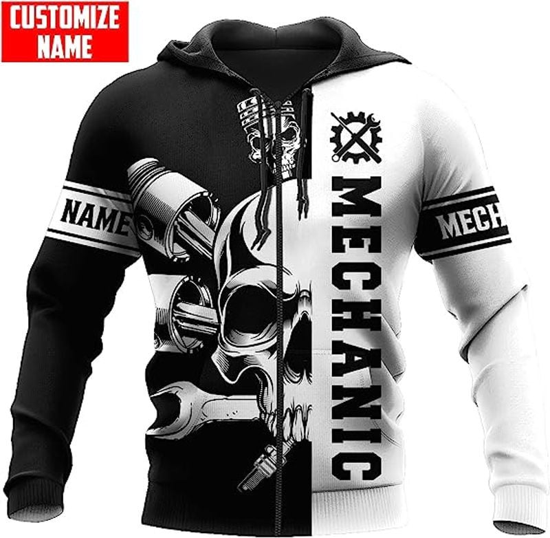 Bikergod Motorcycle Mechanic Skull Custom Name  Zip Hoodie Design 3D Full Printed Sizes S - 5XL - NAQA248A