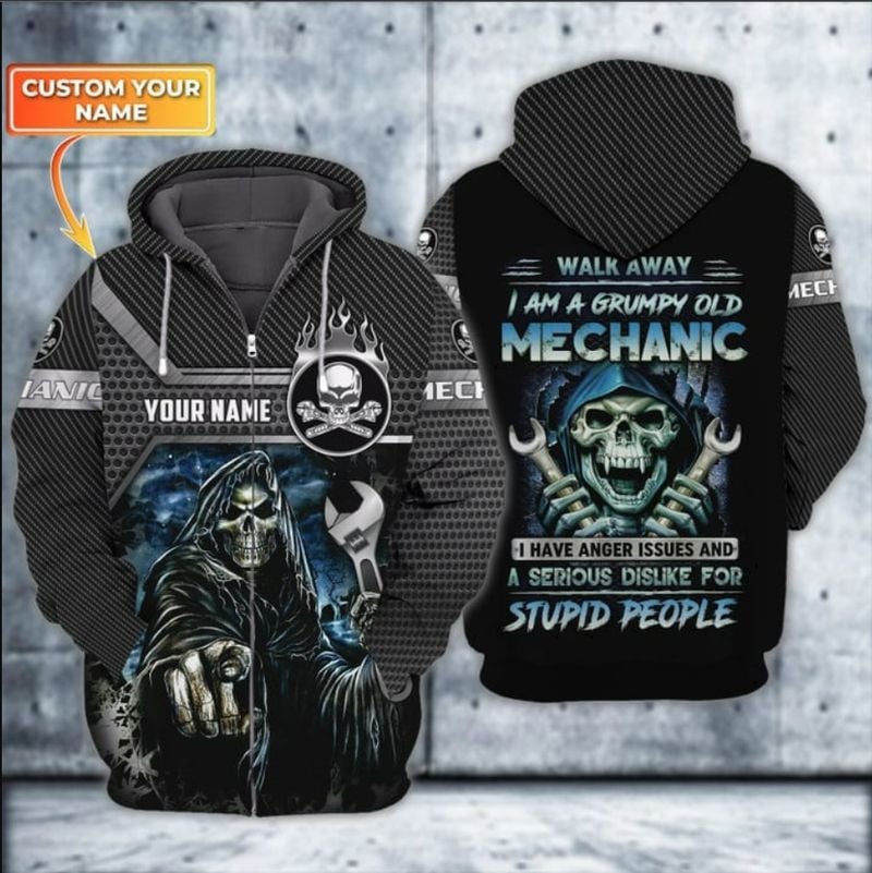 Bikergod Motorcycle Mechanic Skull Grumpy Old Mechanic Custom Name  Zip Hoodie Design 3D Full Printed Sizes S - 5XL - NAQA287