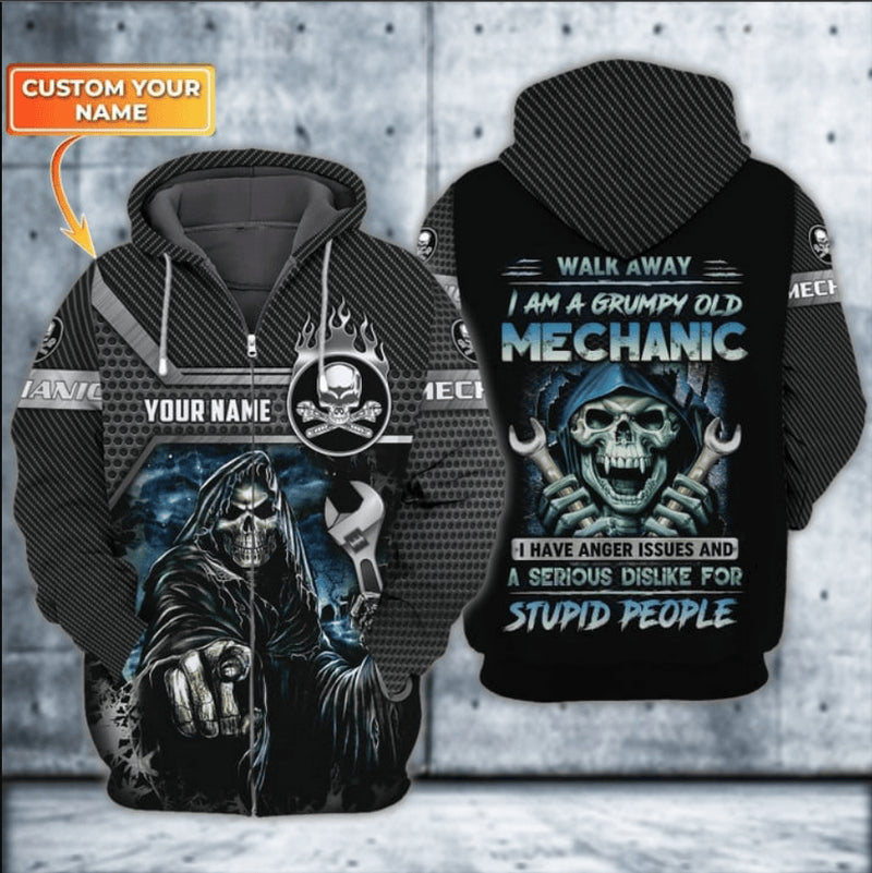 Bikergod Motorcycle Mechanic Skull Grumpy Old Mechanic Custom Name  Zip Hoodie Design 3D Full Printed Sizes S - 5XL - NAQA287