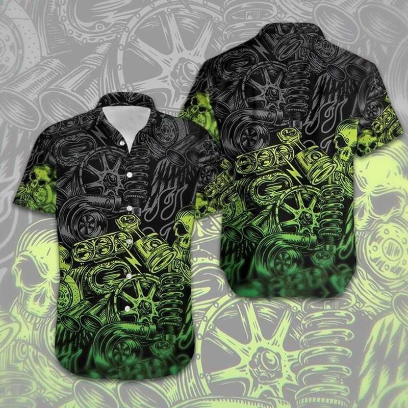 Bikergod Motorcycle GREEN MOTORBIKE SKULL MECHANICAL Button Shirt Design 3D Full Printed Sizes S - 5XL NMAP11