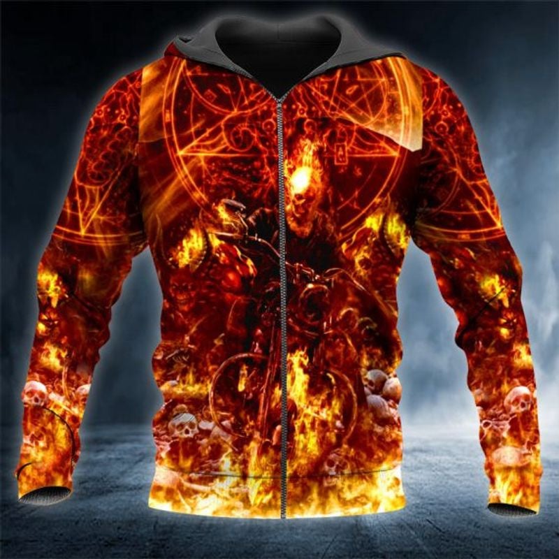 Bikergod Motorcycle Ghost Fire Skull Rider  Zip Hoodie Design 3D Full Printed Sizes S - 5XL - NAQA208