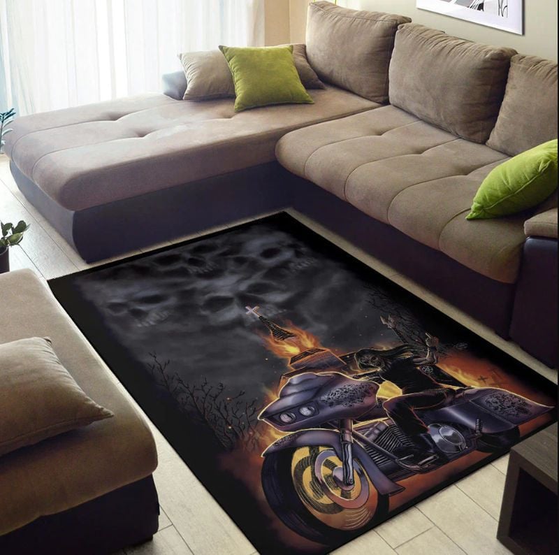 Bikergod Motorcycle Skull Biker Fire Rug Home Floor Decor NALA171
