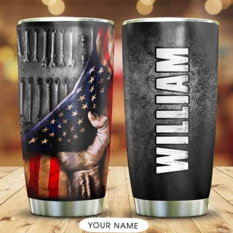 Bikergod Motorcycle Mechanic American Flag Custom Name Steelers Stainless Steel 20 Oz Tumbler- NAQA270