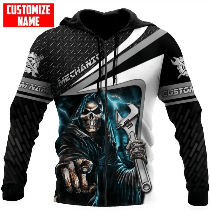 Bikergod Motorcycle Mechanic Skull Custom Name  Zip Hoodie Design 3D Full Printed Sizes S - 5XL - NAQA250A