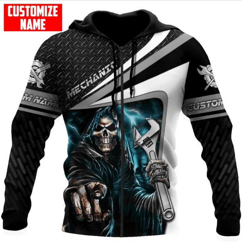 Bikergod Motorcycle Mechanic Skull Custom Name  Zip Hoodie Design 3D Full Printed Sizes S - 5XL - NAQA250A