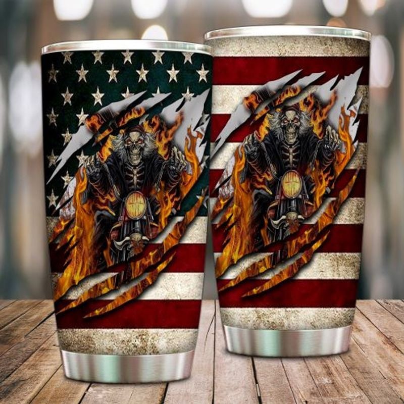 Bikergod Motorcycle Biker Skull American Flag Stainless Steel 20 Oz Tumbler- NALA129