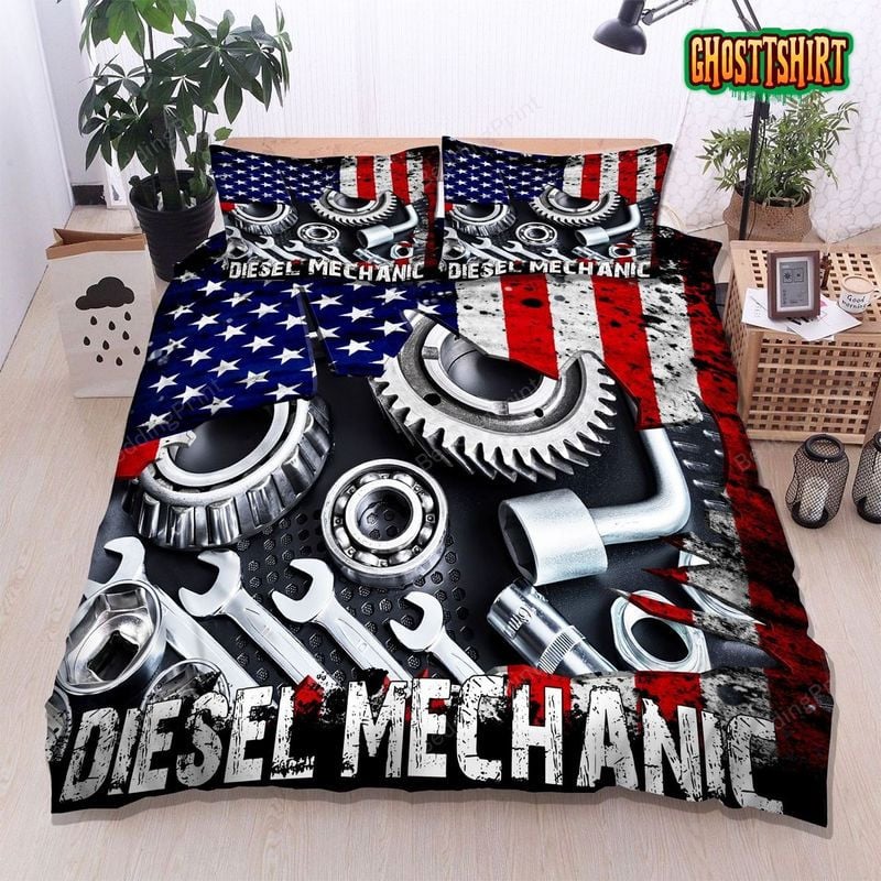 Bikergod Motorcycle Diesel Mechanic American Flag Bedding Set Cover Design 3D - NAQA291