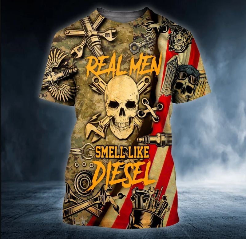 Bikergod Motorcycle Real Men Smell Like Diesel  T-shirt Design 3D Full Printed Sizes S - 5XL - NAJA447D