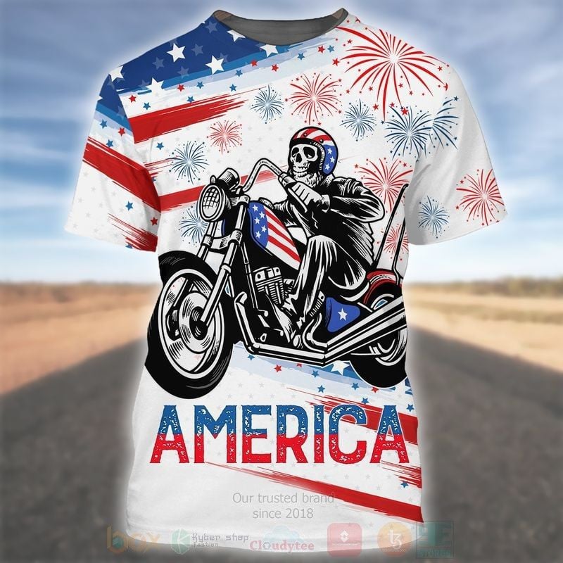 Bikergod Motorcycle Skeleton America Independence Day T-shirt Design 3D Full Printed Sizes S - 5XL - NMQI104A