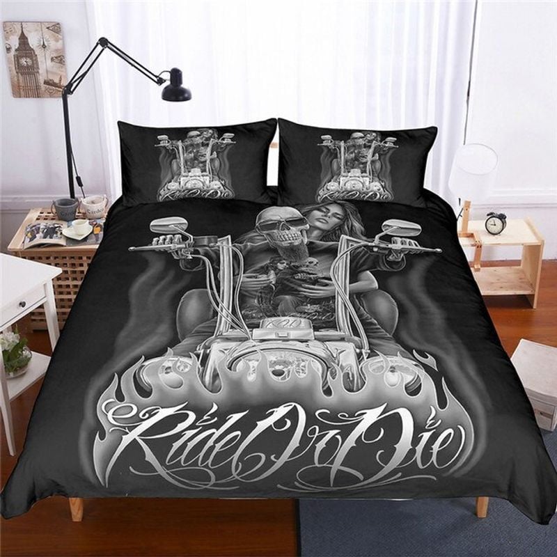 Bikergod Motorcycle Skull Biker Couple Ride Or Die Bedding Set Cover Design 3D - NAOA347